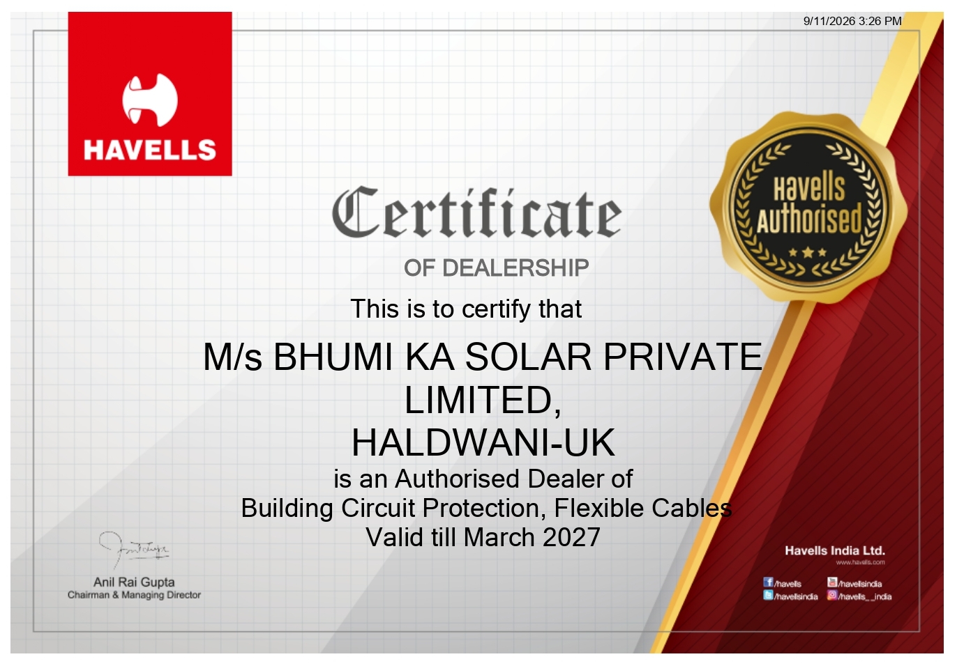 Certificate Of Dealership